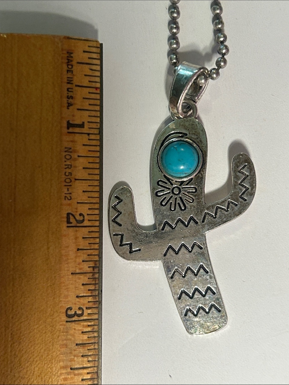Southwestern Turquoise Cactus Pendant Necklace - Silver Tone - Picture 11 of 11